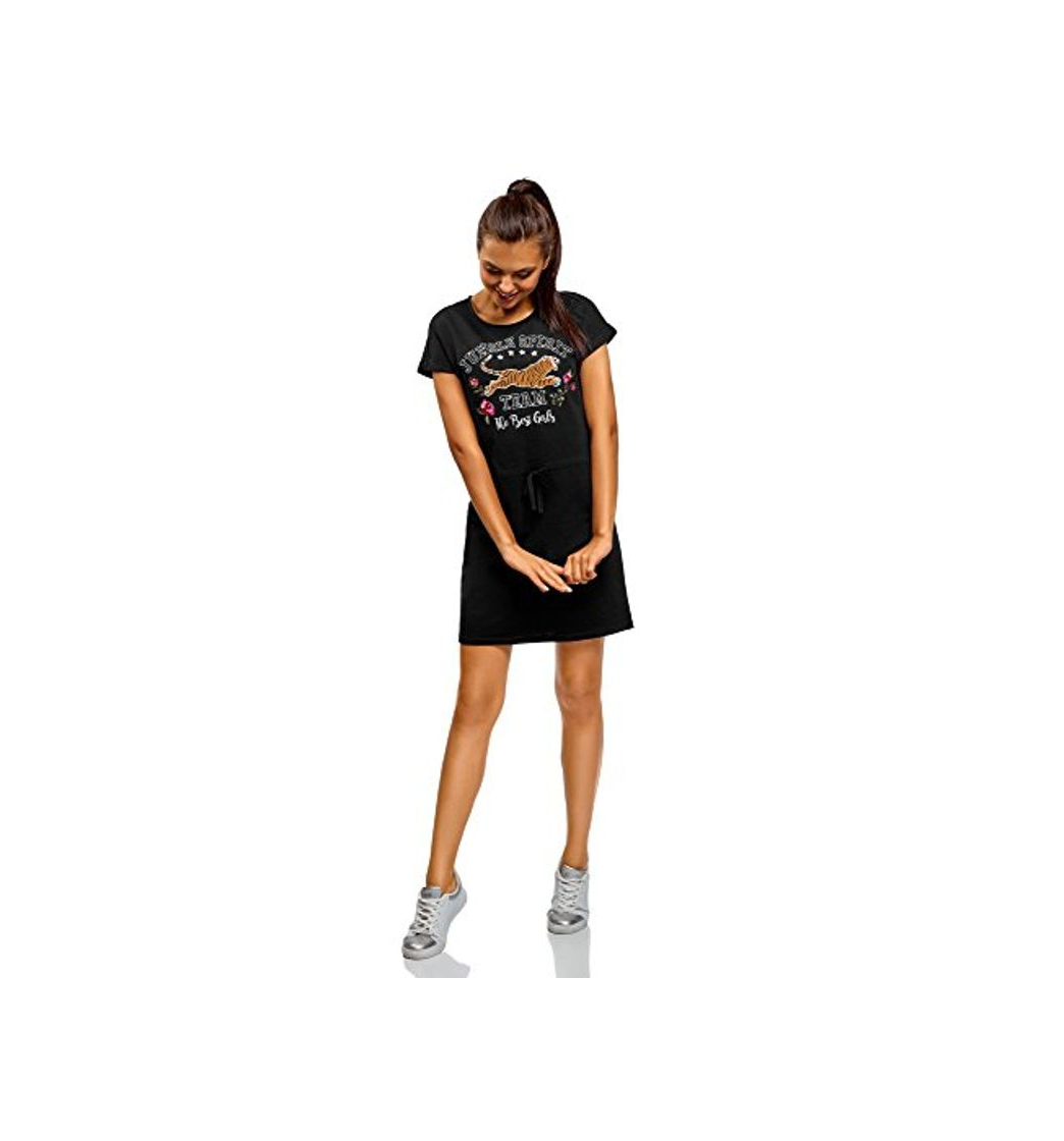Social oodji Ultra Mujer Vestido Recto con Jaretas, Negro, ES 34
