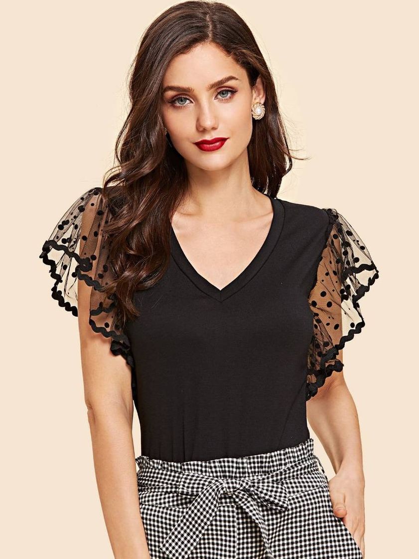 Products Dot mesh sleeve v neck tee