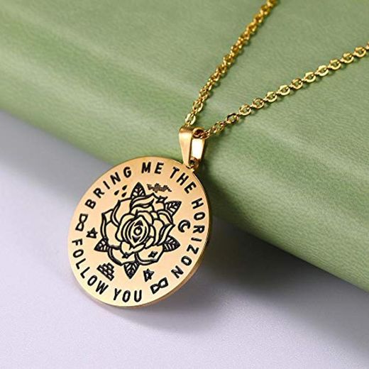 nobranded Fashion Engraved Rose Follow You Bring Me The Horizon Necklace Stainless Steel Jewelry Round Pendant Lover Necklaces
