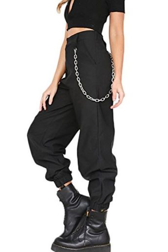 YACUN Mujer Casual Pantalones Cargo Pantalon Hip Hop Jogger con Cadena Danza Streetwear Boyfriend Harem Black L