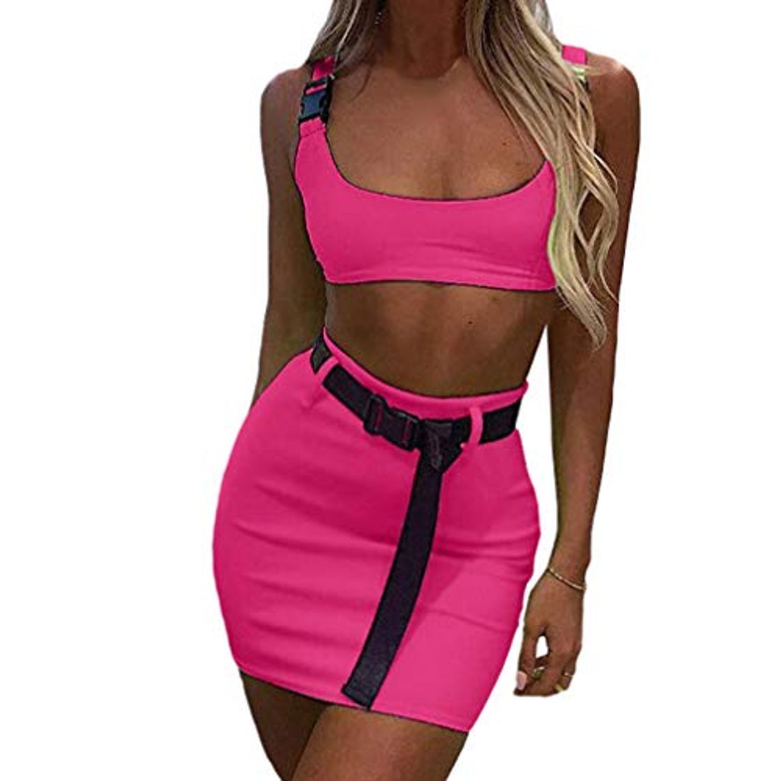 Productos Kunfang Mujeres Conjuntos de Dos Piezas Hebilla de Neón Verde Camisetas Sin Mangas Sexy Cintura Alta Faldas Elásticas Bodycon Casual Crop tee Top Conjunto de Traje