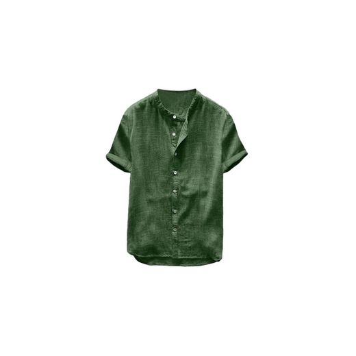 beautyjourney Camisa de algodón y Lino de Manga Corta para Hombre Camisetas Retro holgadas de Color Liso Camisa Casual de Verano Camisa de Playa Tops Blusa