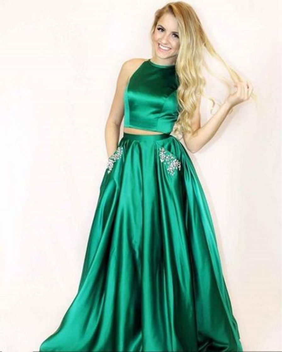 Social Two Piece Satin Halter Green Prom
