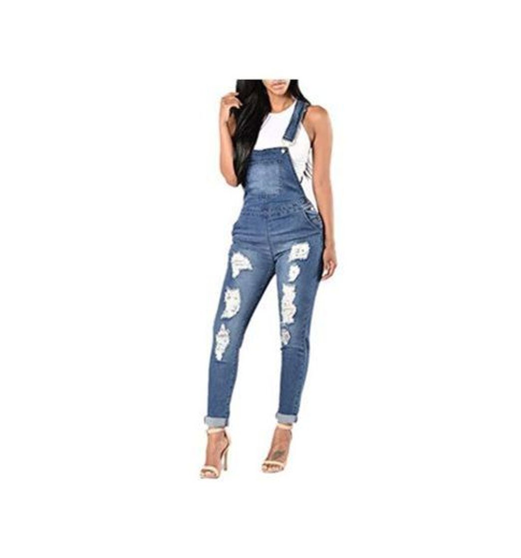 Social Overol de Mujer Jean Monos de Mezclilla sin Mangas Delgados con Agujeros Rasgados Casuales Azul M