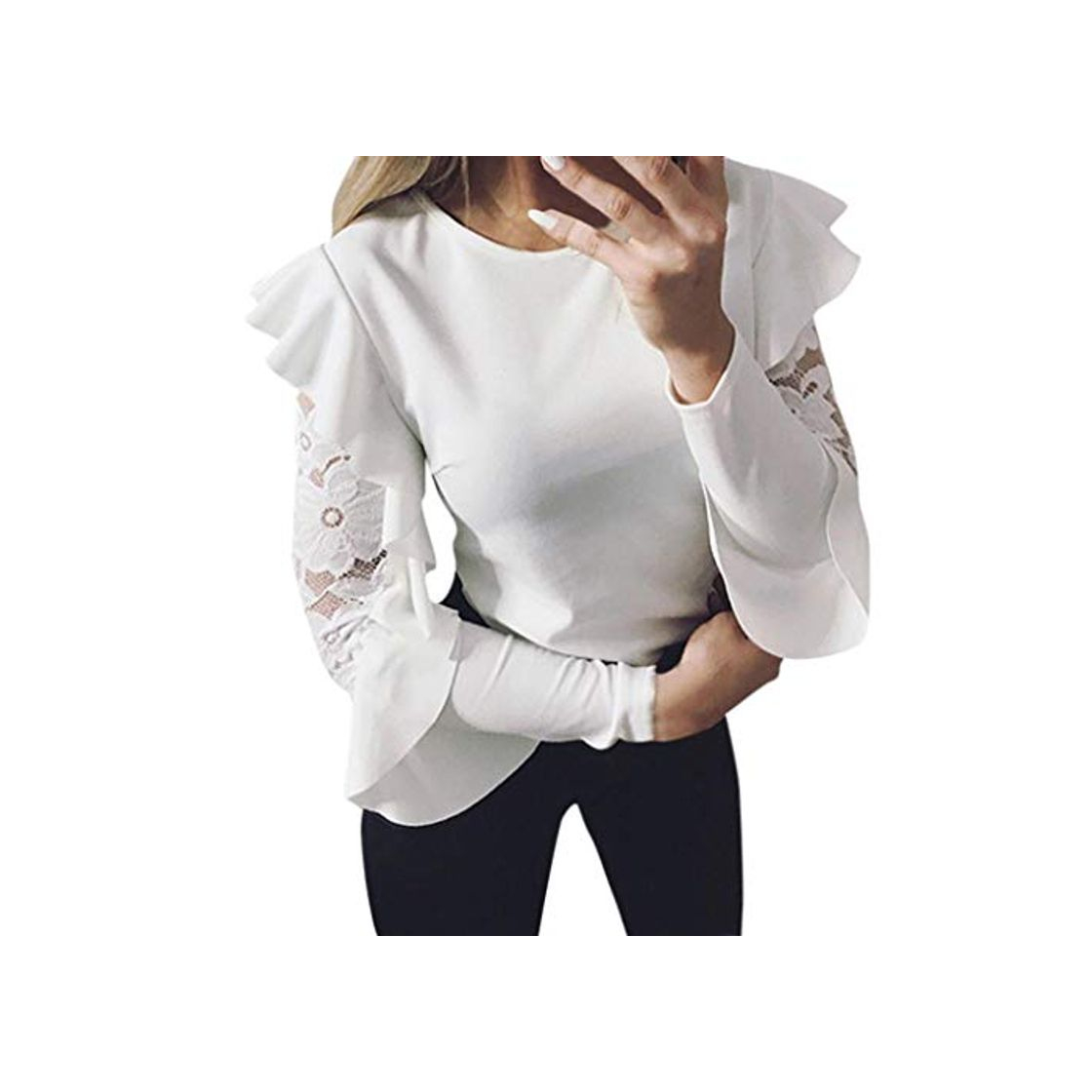 Fashion Pullover Elegantes Moda Blusas Superiores Mujer Primavera Camisas Manga Larga Splice Encaje Color Sólido Basic O Cuello Hueco Volantes Camisa Top Outdoor Ropa