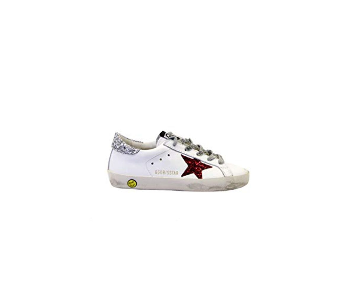 Social Golden Goose - Zapatillas Deportivas Blancas con Purpurina, Color Plateado y Rojo