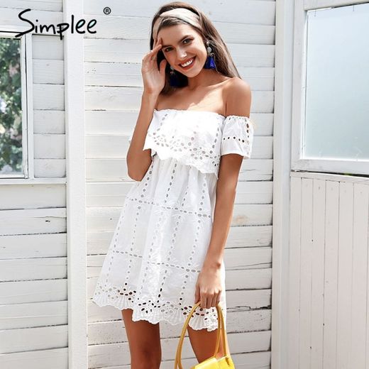 Simplee hombro encaje blanco vestido hueco streetwear mujere