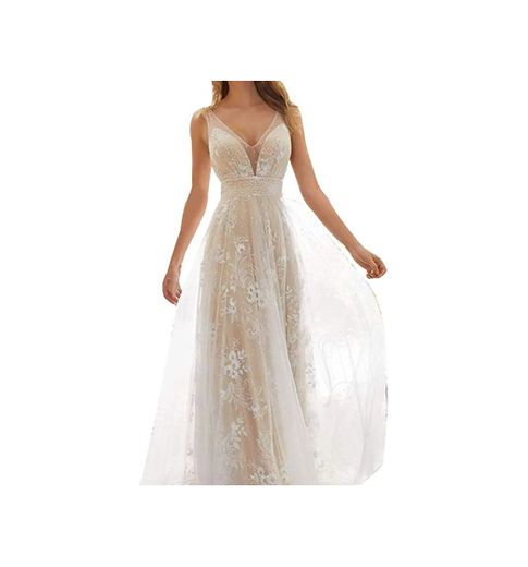 Dušial Maxi Dress Long Skirt Bride Wedding Gown Wedding Dresses with Lace Appliques V Neck Sleeveless Bridal Gown Dresses Evening Dress Stylish Elegant for Women