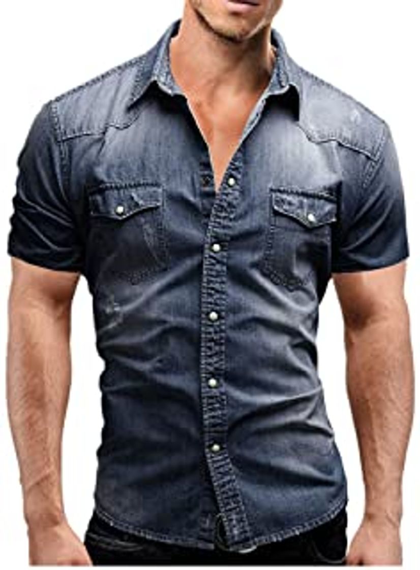 Fashion Jinyuan Camisa De Hombre De Moda Camisa De Mezclilla con BotóN Delgado para Hombre Casual Camisa De Manga Corta para Hombre con Bolsillos Gris Oscuro M