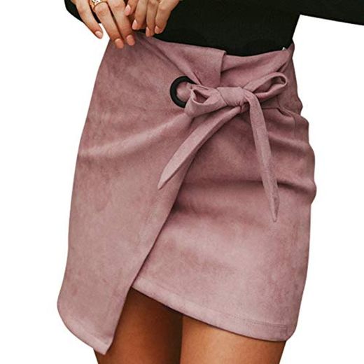 Nobrand Falda de Ante asimétrica para Mujer Anudada Falda de Invierno de Cintura Alta con Abertura Sexy Falda Casual de Cuero de otoño