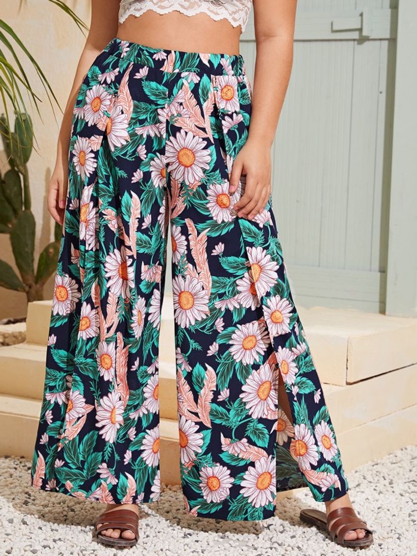 Fashion Pantalon de muslo con abertura con estanpado floral 