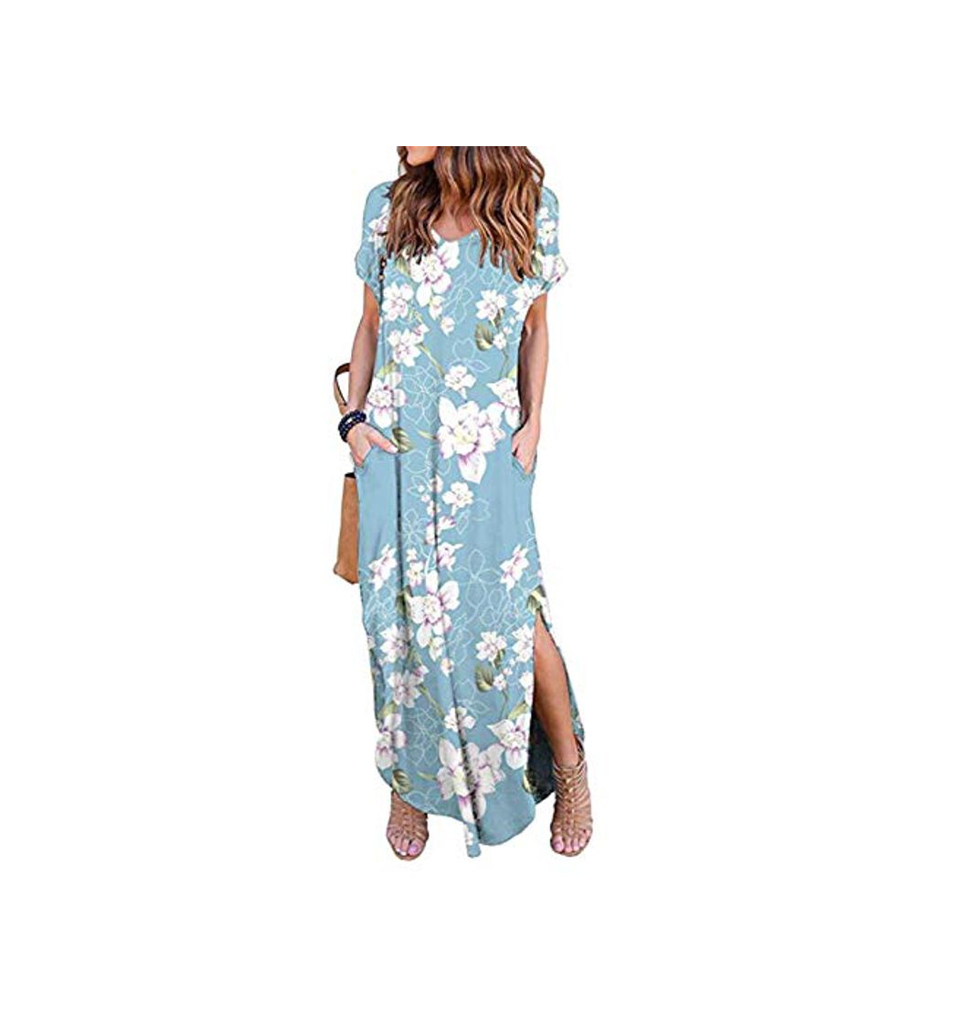 Fashion Vestidos Mujer Casual Playa Largos Verano Floral Vestido Boho Hendidura Falda Larga Maxi Vestido Playeros Lightbluefloral XL