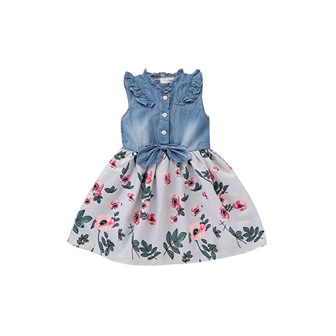 Social Miyanuby Summer Dress for Baby Girl Single Breasted Sleeveless Denim Floral Dress