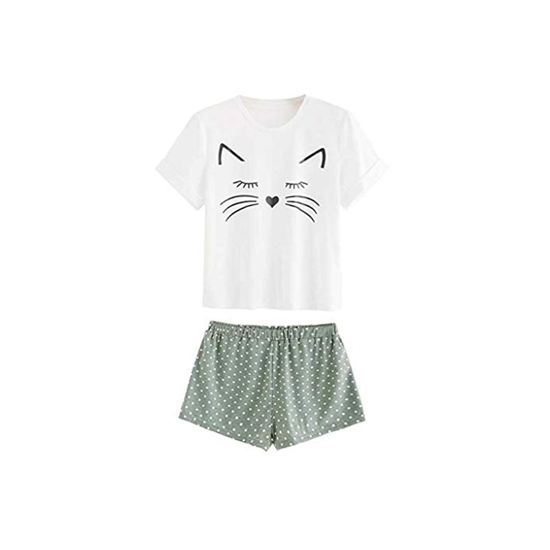 Producto Proumy Conjunto de Pijama Blanca Mujer Verano Básica Estampado de Gatos Camiseta con Calzoncillos Blusa Talla Grande Camisa Transpirable Dos Piezas de Batas Largas Ropa de Dormir Cómoda Manga Corta