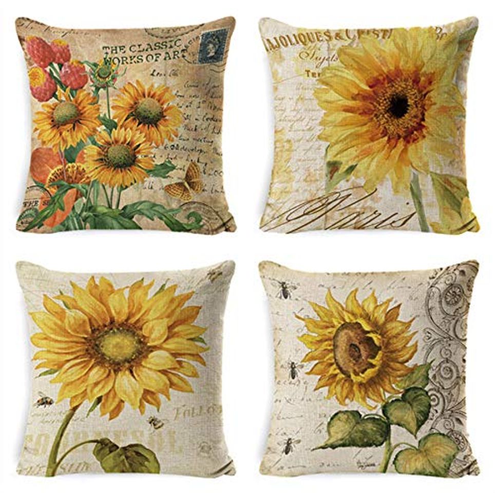 Product AZZXZONa Fundas De Cojines 45X45Cm Sofá Cama De Lino Silla Decoración para El Hogar Fundas De Almohada Cuadradas con Cremallera Invisible 18X18 Pulgadas Cojines De Girasol Vintage Juego De 4