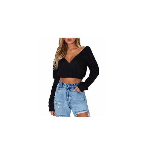 OUFour Primavera y Otoño Mujeres Crop Top Cuello V Manga Larga Remata