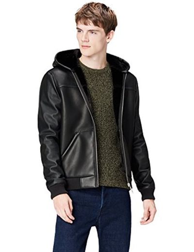 Marca Amazon - find. Chaqueta Efecto Piel con Capucha para Hombre, Negro