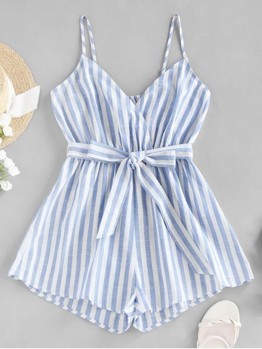 Social ZAFUL Striped Belted Cami Wide Leg Romper