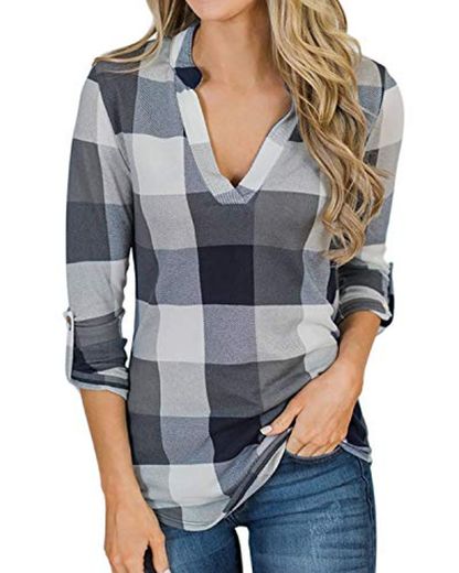 YOINS Blusa Mujer Manga Larga Camiseta Cuello V Camisa Elegante Túnica Casual