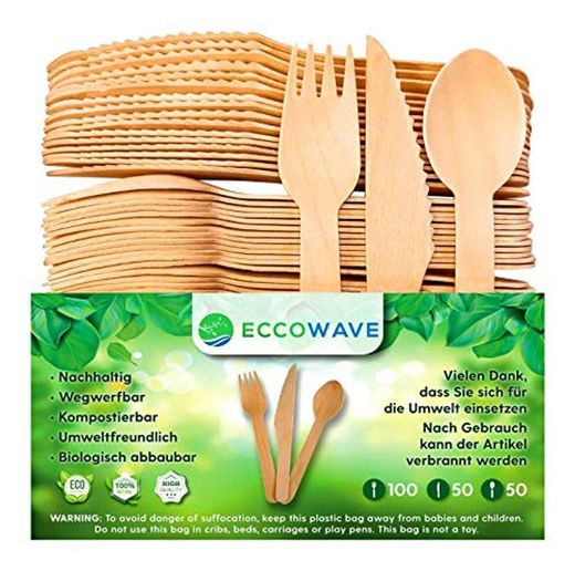 EccoWave - Paquete de 200 Cubiertos de madera Desechables Ecológicos Aptos para
