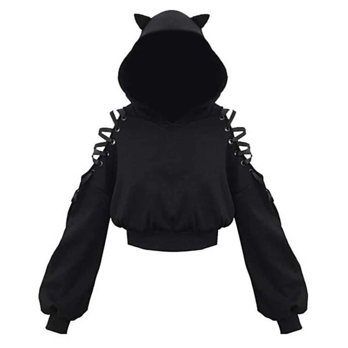 Products CAT EARS LACE UP SHORT HOODIE BLACK