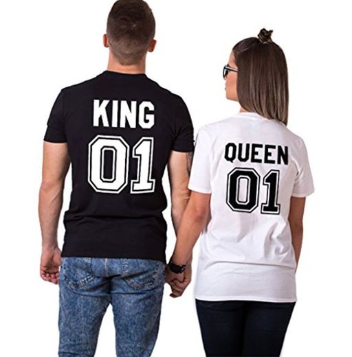 Parejas Camiseta King Queen T-Shirt 100% Algodón Shirts Impresión 01 2 Piezas