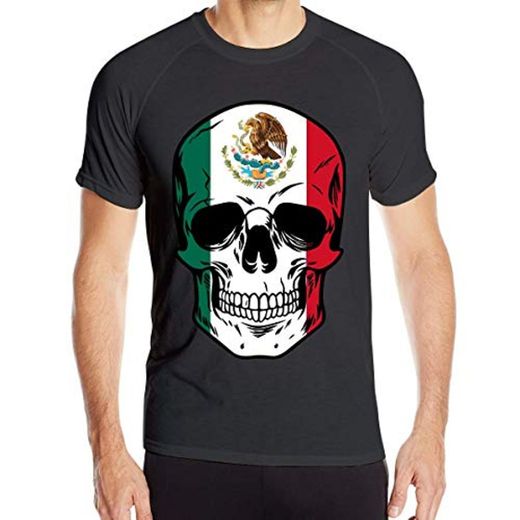 Human Skull Flag of Mexico Camiseta de Manga Corta para Hombre Tops