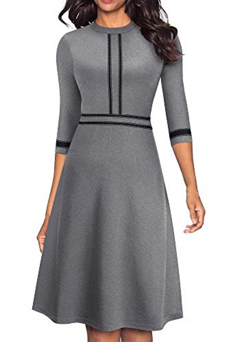 Social HOMEYEE Vestido de cóctel Retro de Manga 3/4 con Cuello Redondo Vintage