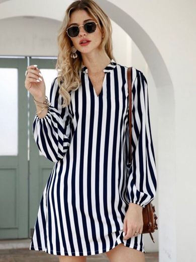 Notched Collar Vertical Stripe Shirt Dress