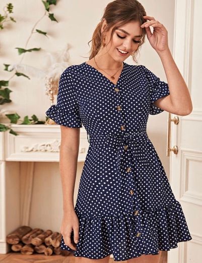 Button Front Polka Dot Ruffle Hem Belted Dress