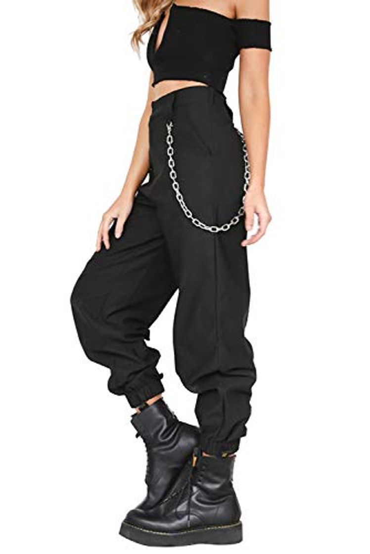 Social Pantalon con Cadena y Bolsillos Mujer Retro Boyfriend Pantalone Chandal Cargo Baggy Hip Hop Danza Harem Pants Leggins Deporte Cintura Alta Sólido Casual Trousers Verano Pantalones Punk Rock Streetwear