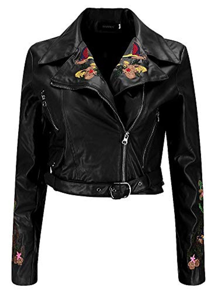 Social Piel Sintética Cuero del Faux Flor Flores Bordados Asimétrico Wrap Cuello Moto Biker Motorbike Jacket Cazadora Chaqueta Chamarra Corta Corto Top Cremallera Zipper Delantera Negro S