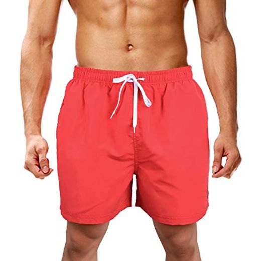 LK LEKUNI Bañador Hombre Pantalones de Playa con Forro con Cordón Traje de Baño Pantalón Ceñido_Rojo_XL