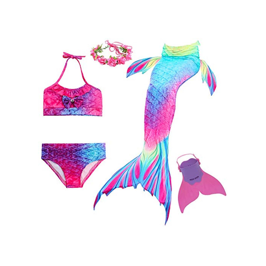 Product Romance Zone Cola de Sirena para Natación 5pcs Traje de Baño Mermaid Bikini Establece Disfraz de Sirena para Niña Princesa Cosplay Conjuntos con Diadema de Flores y Monofín