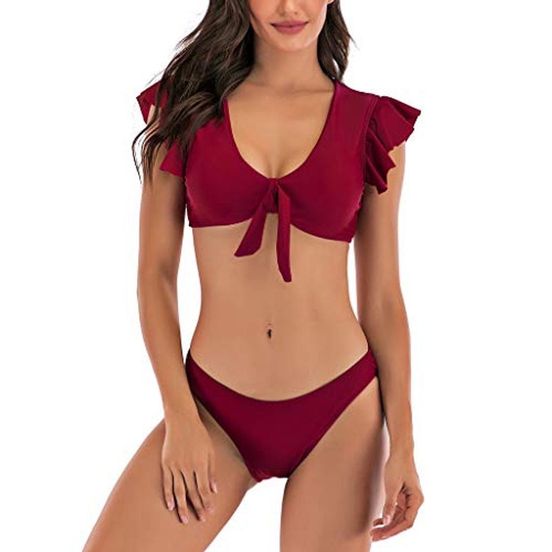 Lenfesh Bikini Summer Ladies Plus Size Sexy Ruffle Halter Cross Short Sleeve Beach Tie Cintura Alta Split Two Piece Thin Swimsuit Set