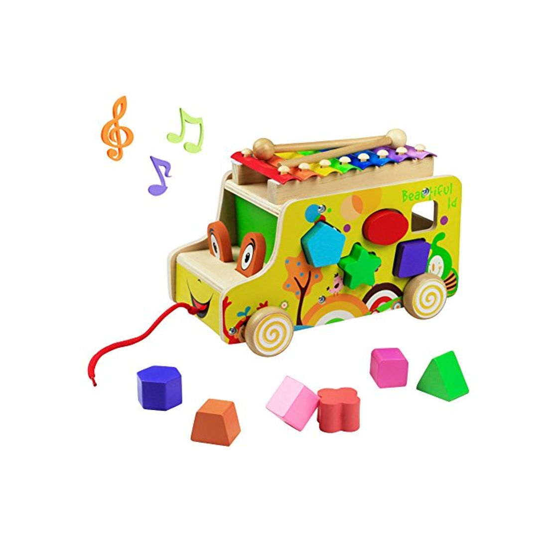 Social yoptote Xilófono Música de Madera Pull Bus con Formas de Geometría Multifuncional para Niños Mayores de 3 Años