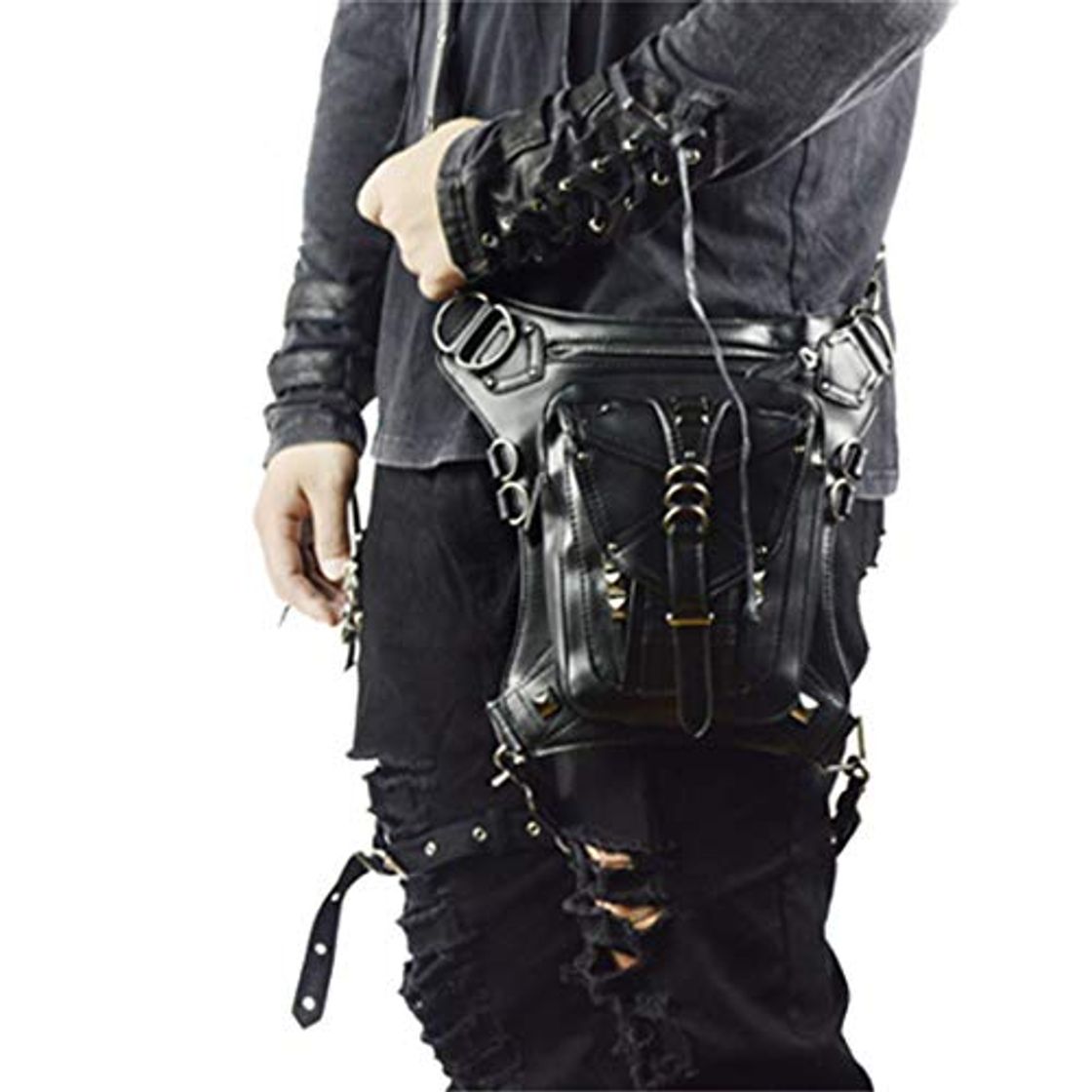 Productos Bolso de la pierna de la motocicleta de Steampunk bolso gótico de la cintura para los hombres de las mujeres Bolsos cruzados del mensajero del cuerpo Bolso retro del hombro de la roca Black