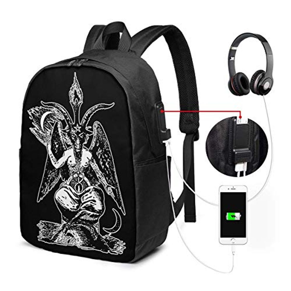 Moda RROOT Mochila Unisex con Puerto de Carga USB Baphomet Satan Devil Classic Fashion General Business Bookbag