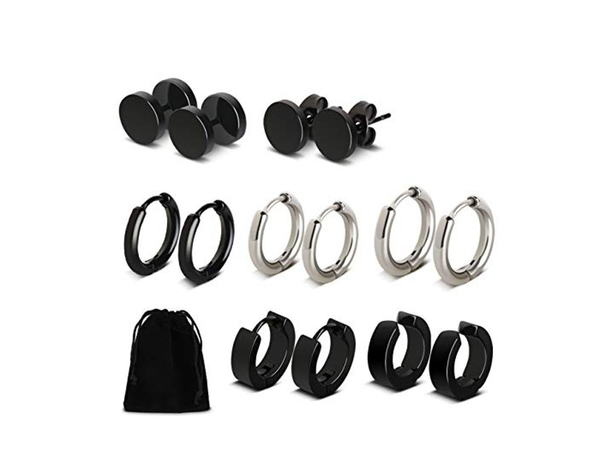 Moda Pendientes de Aros de Acero Inoxidable 7 pares Negro para Hombres y Mujeres Zarcillos con piercing de redondo Moda Joyería Pendientes