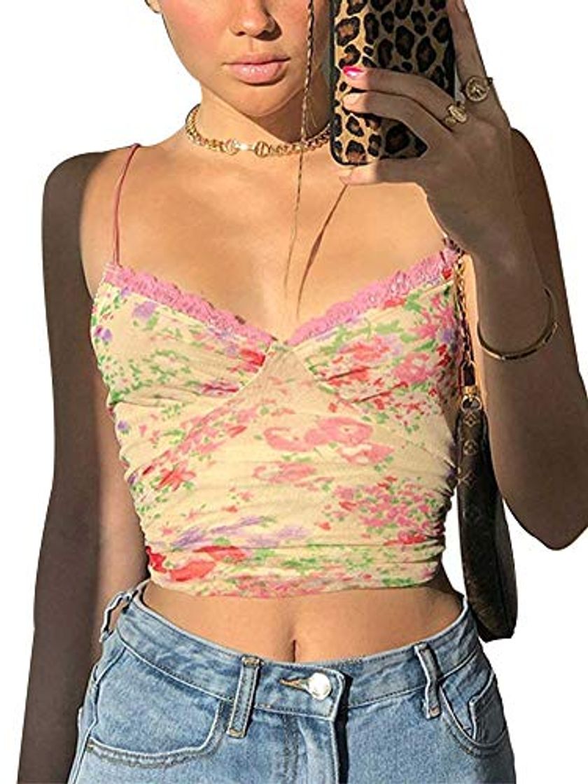 Moda Mujeres Correa de Espagueti Encaje Camisola Patchwork Crop Tops Sexy Cuello en