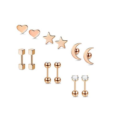 BESTEEL 6 Pares Acero Inoxidable Pendientes de Estrella Luna y Corazón de las Mujeres Aretes Pendientes Piercing Cartilago Joyería de Moda