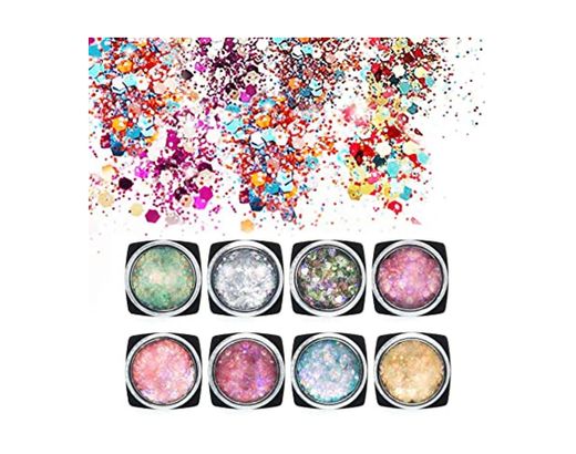 8 Mixta Colores Kit Glitter polvo de uñas 20 x Esponja de