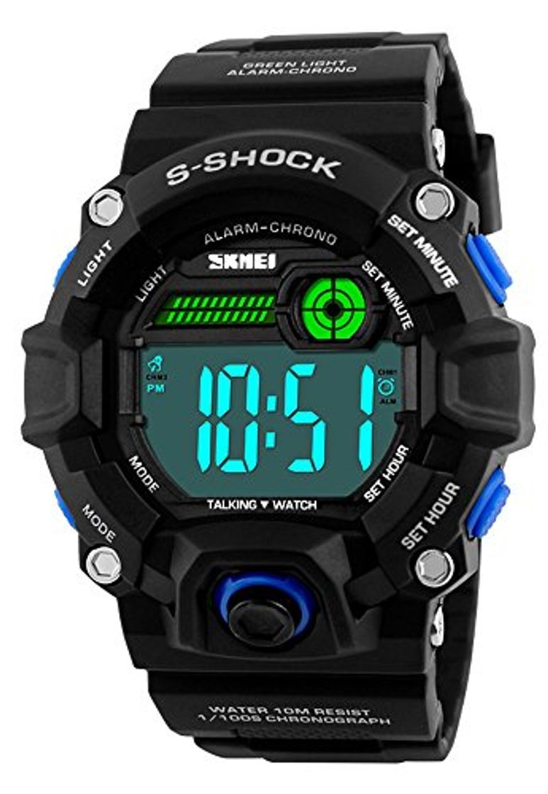 Moda Fanmis Cuarzo Digital Pantalla LED Impermeable multifunción Hombres Reloj de Pulsera Correa de PU Azul