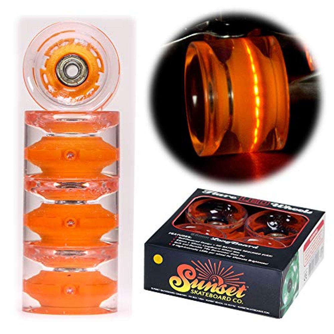 Producto 2016 Sunset Skateboards Orange 65mm Longboard LED Light-Up Wheels Set - Conical