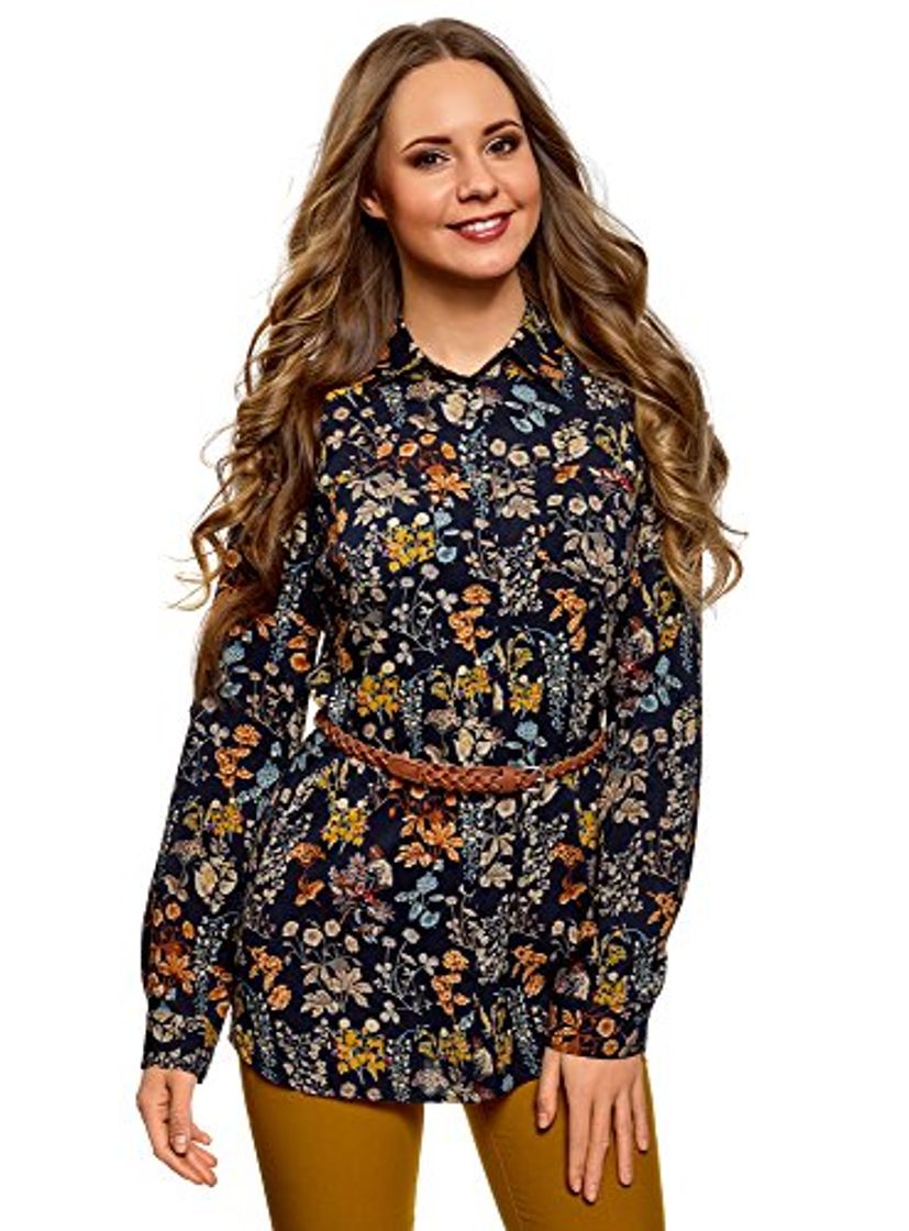 Social oodji Collection Mujer Túnica Estampada de Viscosa con Cinturón, Azul, ES 40