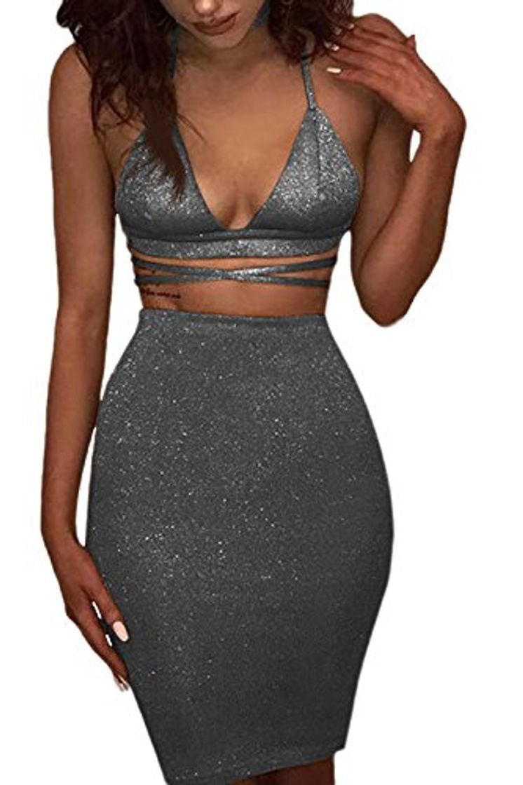 Products Vestidos De Fiesta Mujer 2 Piezas Conjunto Verano Sexy Bodycon Apretado Sin Mangas De Vendaje Discoteca Midi Crop Top y Falda Conjuntos Gris S