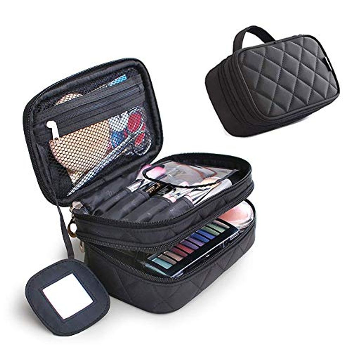 Fashion Cosmetics Bolsa de maquillaje de doble capa con espejo belleza brochas de maquillaje bolsas de viaje Kit Organizador Cosmético Bolsa Profesional Multifuncional Organizador para Mujer