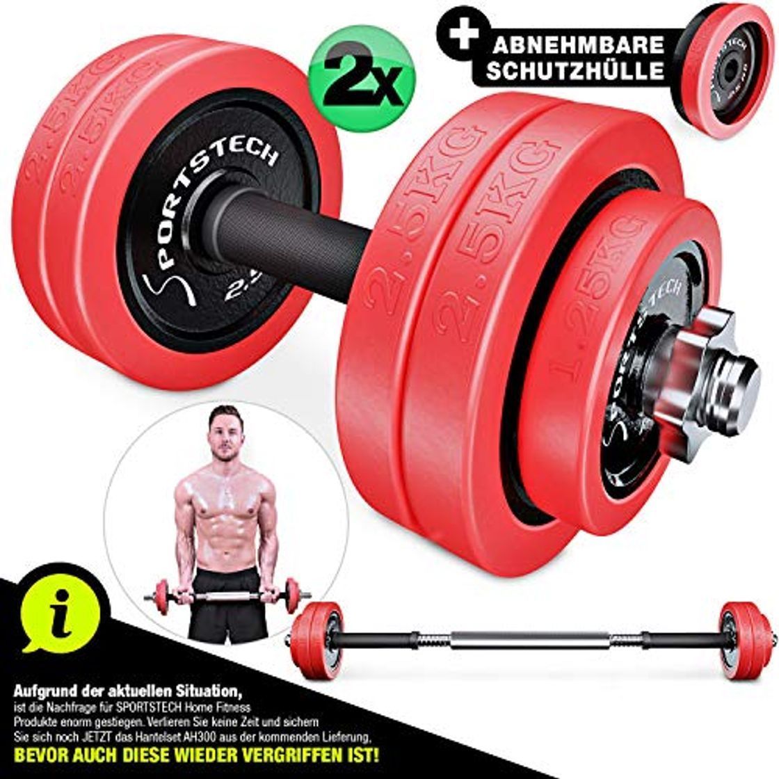 Social Sportstech Juego de Mancuernas 2en1 AH300 con Recubrimiento de Silicona y Barra