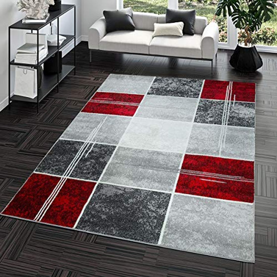 Producto T&T Design Alfombra De Salón Moderna Económica Diseño Cuadros En Gris Rojo