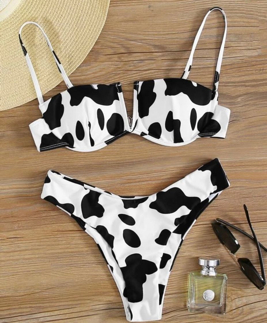 Moda Bañador de bikini de cuello V con patrón de vaca 